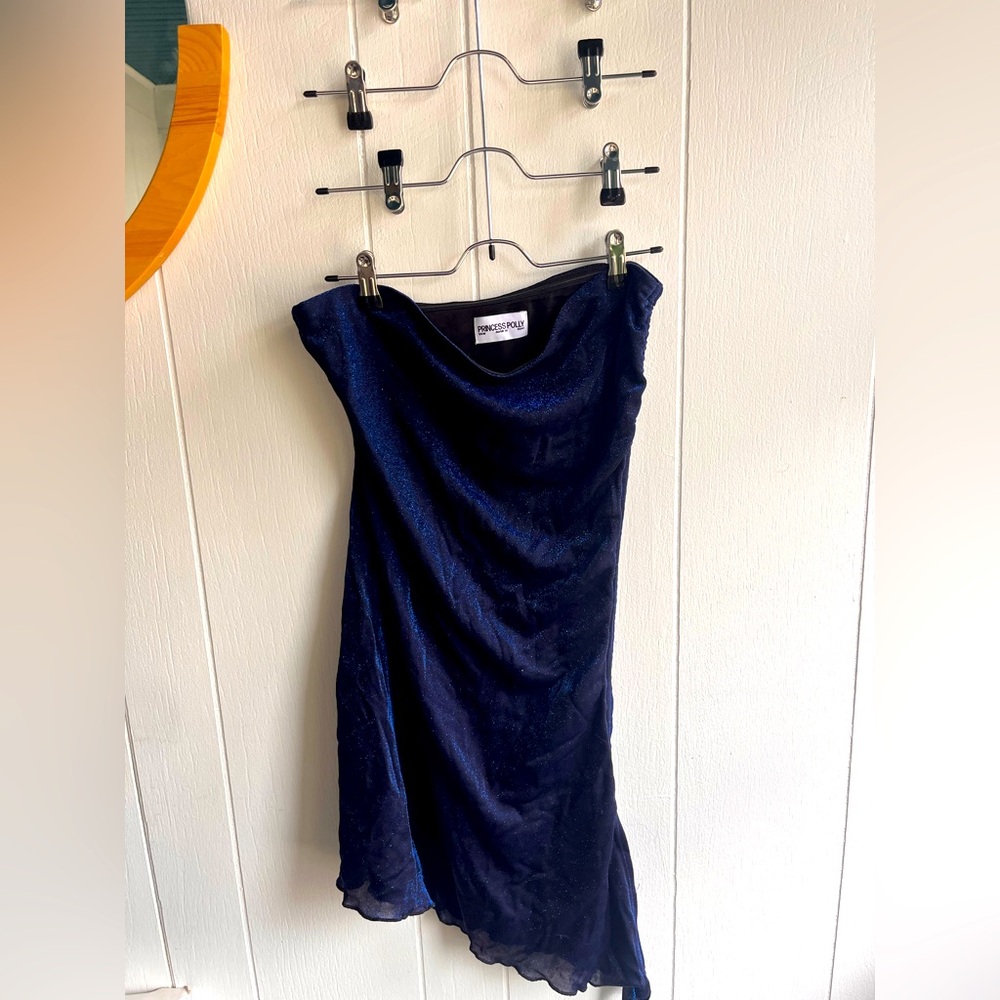 Strapless blue mini dress